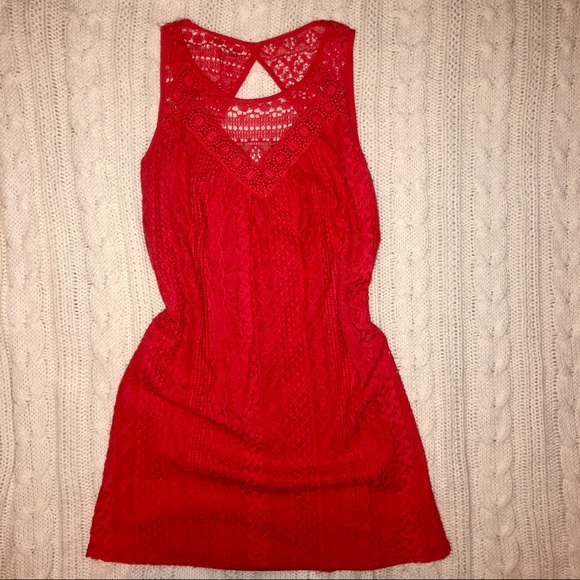 Orange Red Lace Straight Cut Dress - Picture 2 of 6